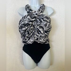 NWT Swimsuits For All One Piece Gray Black Graphic Criss Cross High Neck sz 32